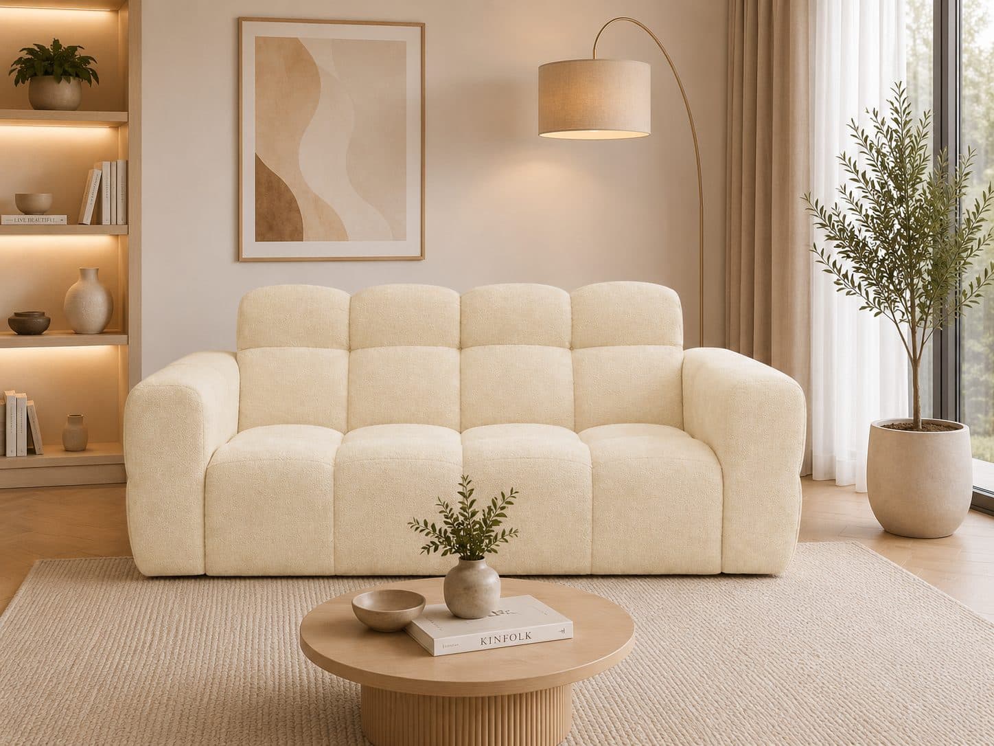 Sofa Nuvo 2-osobowa do salonu – nowoczesna sofa tapicerowana z zaokrąglonymi podłokietnikami i dekoracyjnymi przeszyciami.