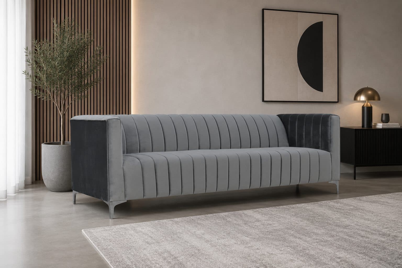 Sofa 3-osobowa Verto do salonu – elegancka sofa tapicerowana z pionowymi przeszyciami i metalowymi nogami