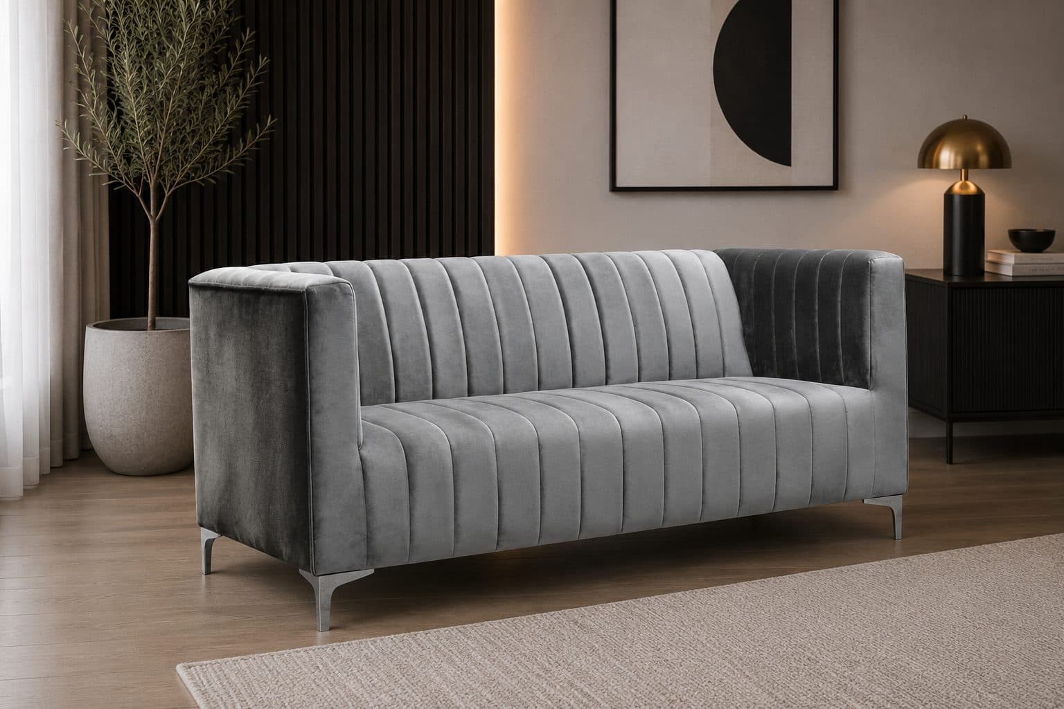 Sofa 2-osobowa Verto do salonu – elegancka sofa tapicerowana z pionowymi przeszyciami i metalowymi nogami