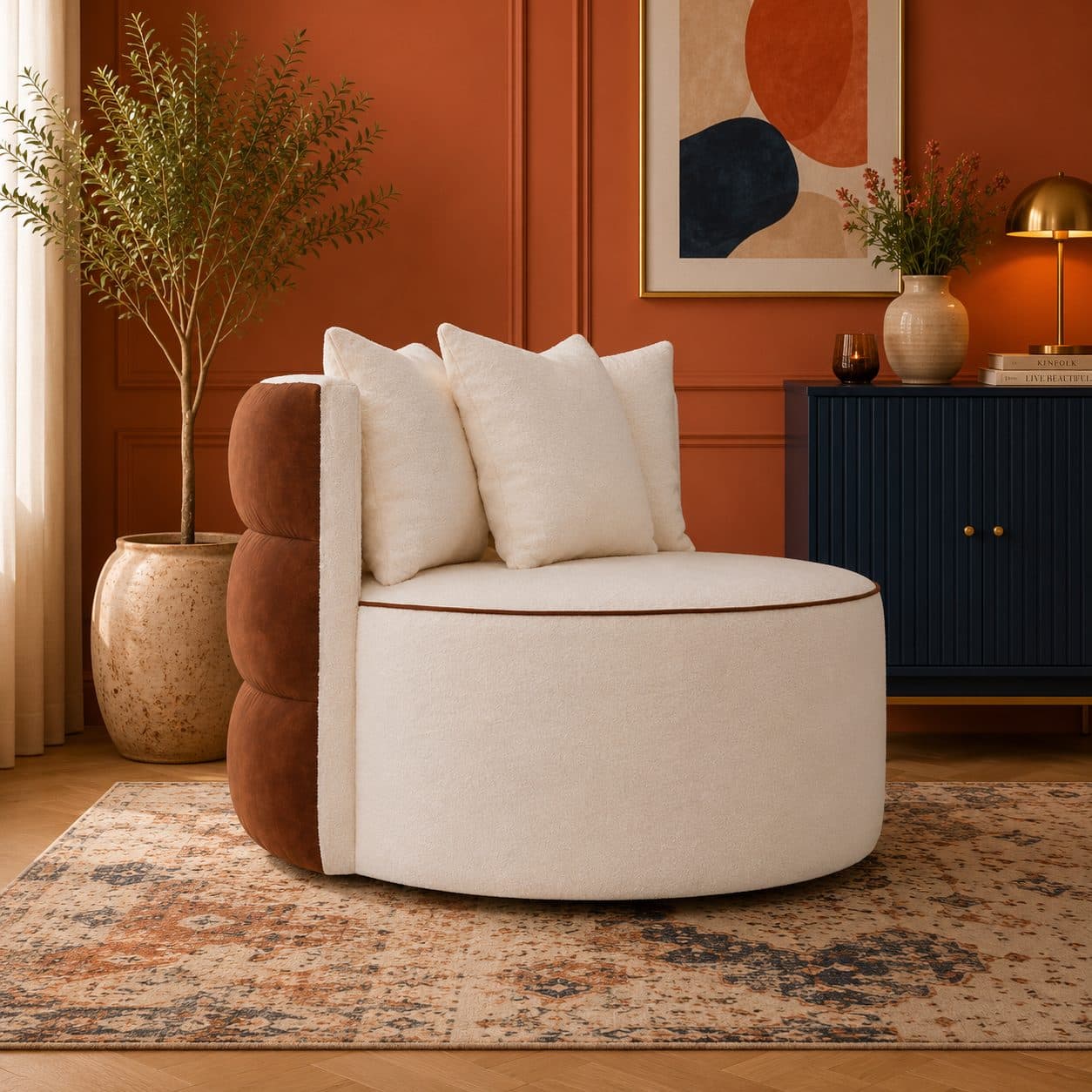 Fotel Luma – designerski fotel tapicerowany do salonu z zaokrągloną organiczną formą i trzema miękkimi poduszkami.