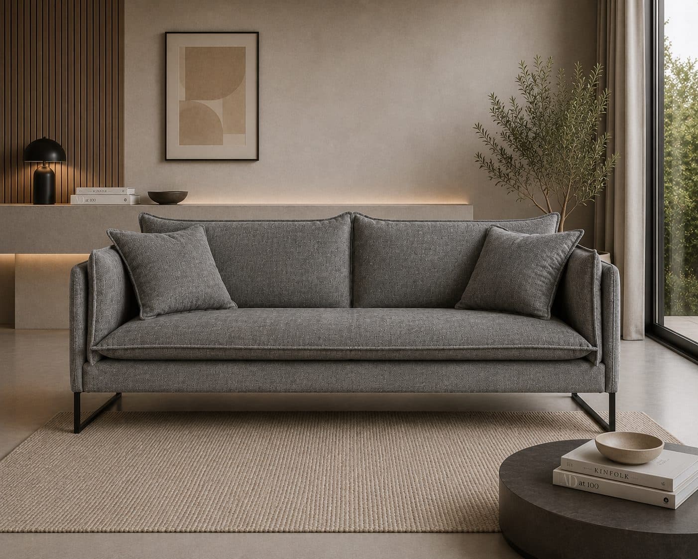 Sofa 3-osobowa Elio do salonu – elegancka sofa tapicerowana z miękkimi poduszkami i metalową podstawą