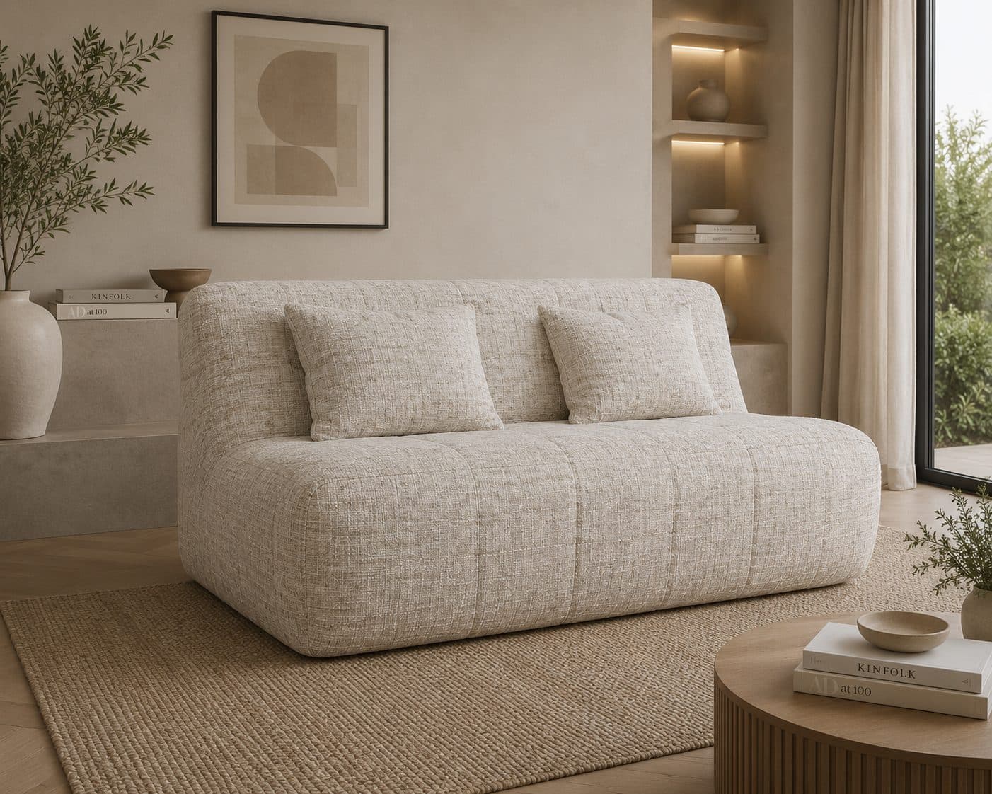 Sofa 2-osobowa Livia do salonu – nowoczesna sofa modułowa z miękkimi poduszkami i zaokrągloną formą