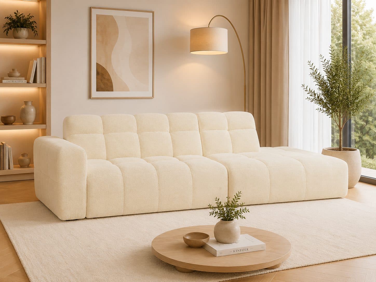 Sofa modułowa Nuvo Maxi do salonu – duża sofa tapicerowana z szerokim siedziskiem, zaokrągloną formą i dekoracyjnymi pikowaniami