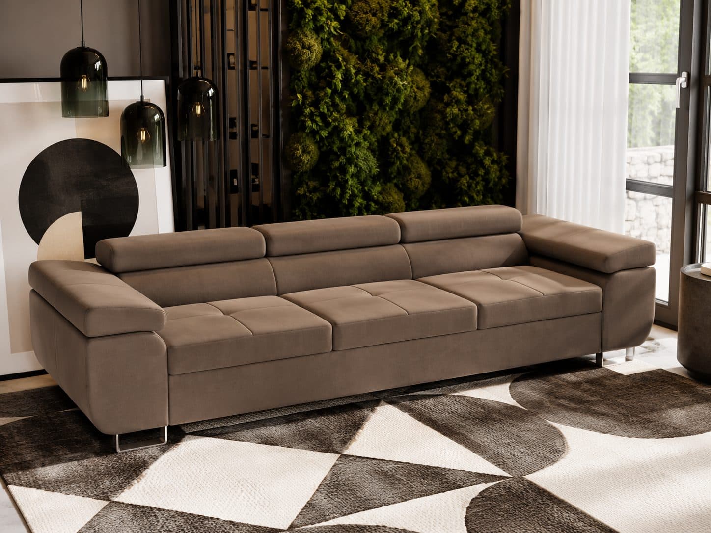 Sofa rozkładana Vegas 3 z trzema regulowanymi zagłówkami, brązowa kanapa do salonu